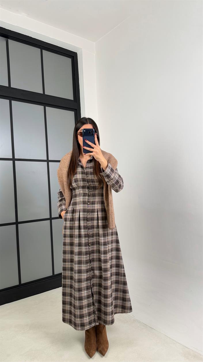 Kahve Belden Oturtmalı Ekose Elbise GAUS-00762