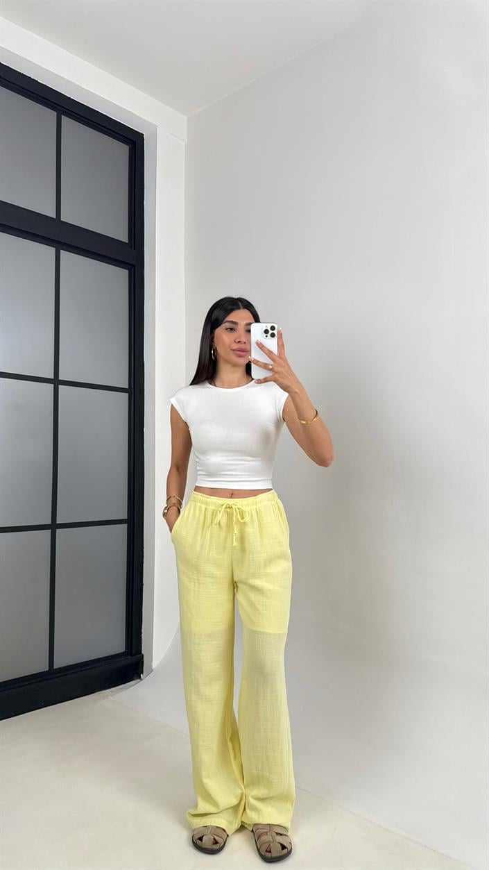 Sarı Beli Lastikli Müslin Pantolon Gaus00586