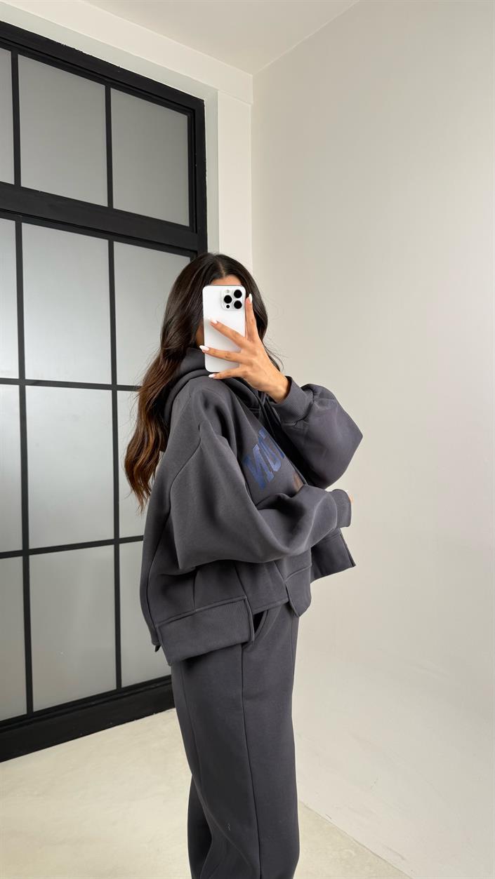Antrasit Kapüşonlu Sweatshirt Beli Lastikli Pantolon 3 İplik Şardonlu Takım GAUS-00530