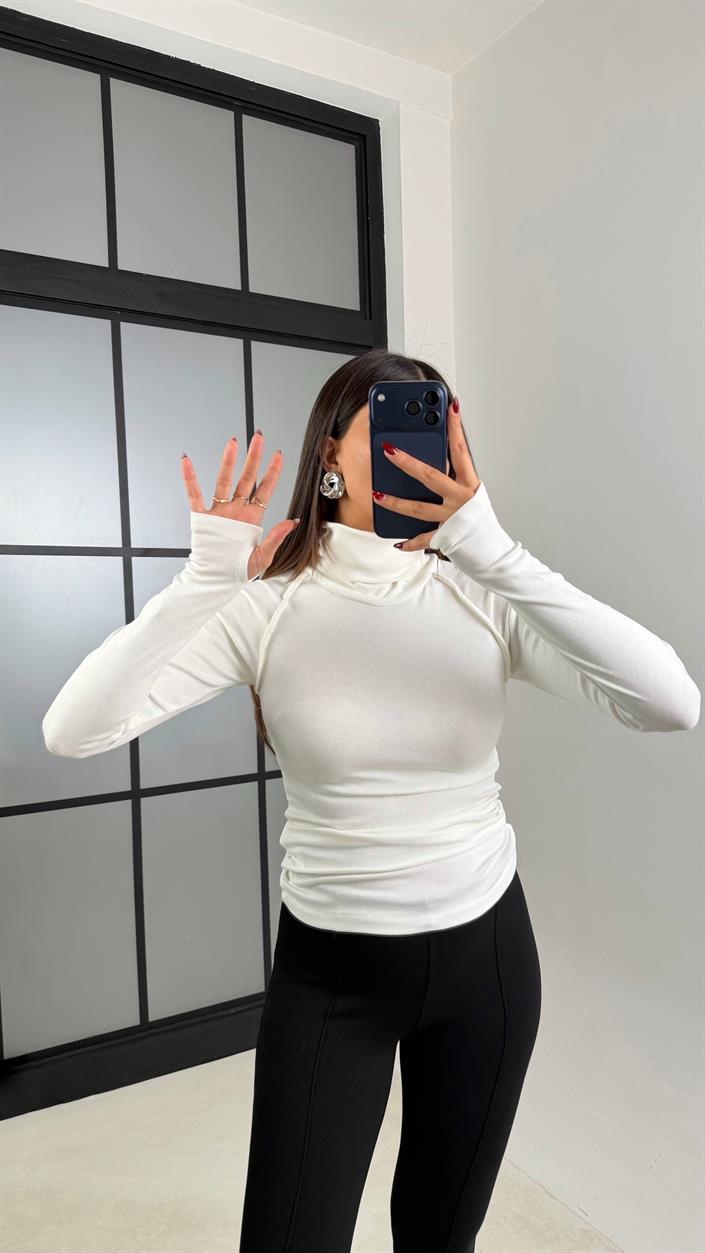 Ekru Balıkçı Yaka Parmak Geçirmeli Likralı Bluz GAUS-00754