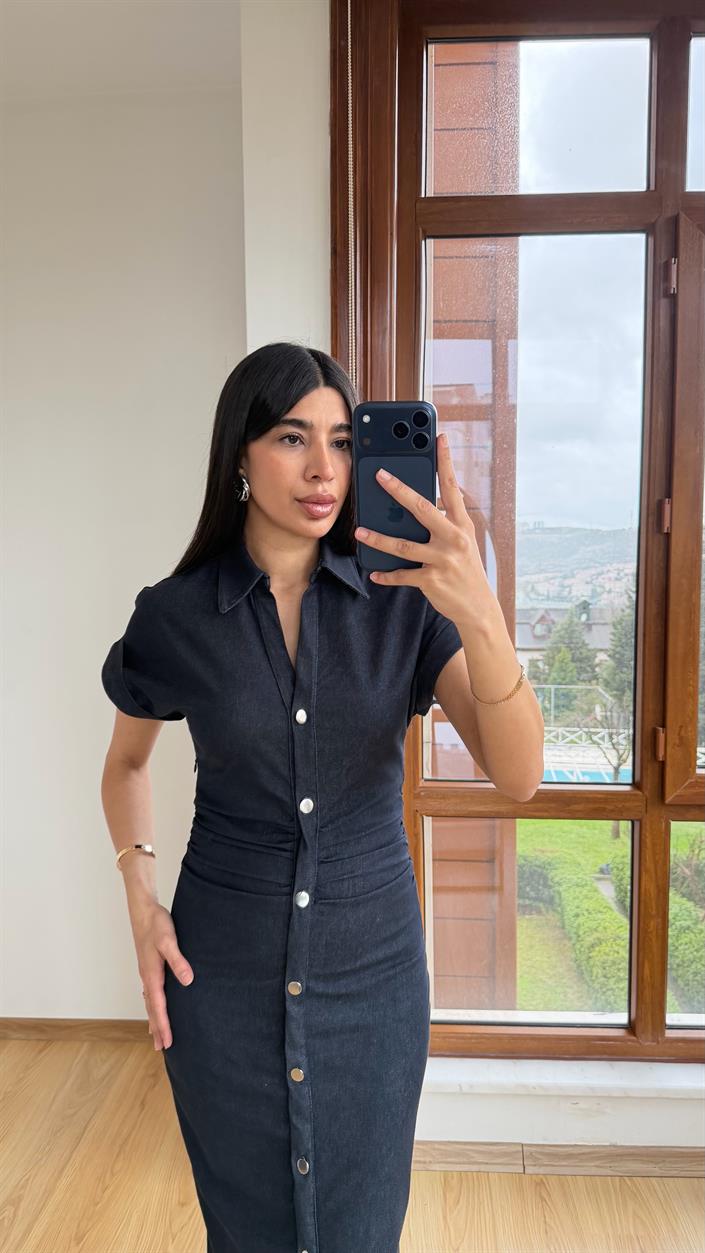 Lacivert Düğmeli Premium Denim Elbise GAUS-01315