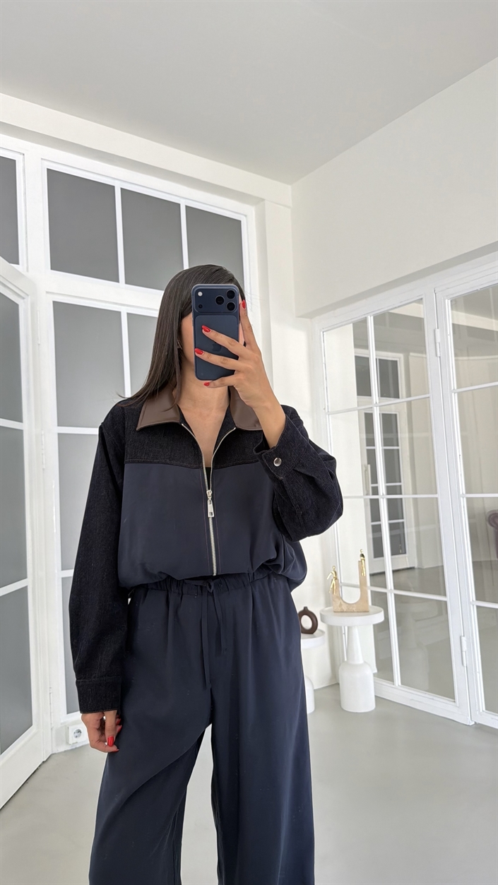 Lacivert İPKYL Deri Yakalı Astarlı Denim Detaylı Ceket Beli Lastikli Pantolon İkili Tencel Takım GAUS-01842