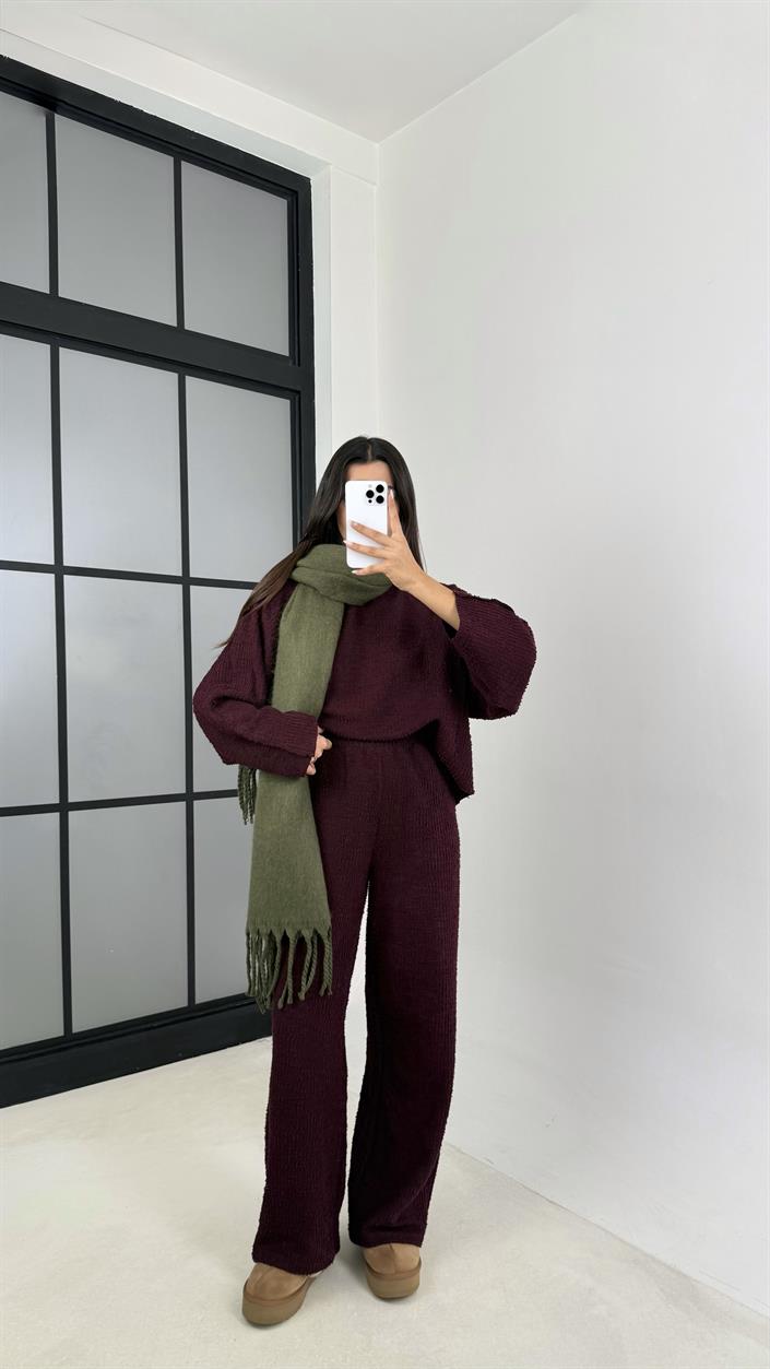Bordo Kazak Beli Lastikli Pantolon Buklet Kumaş İkili Takım GAUS-00138