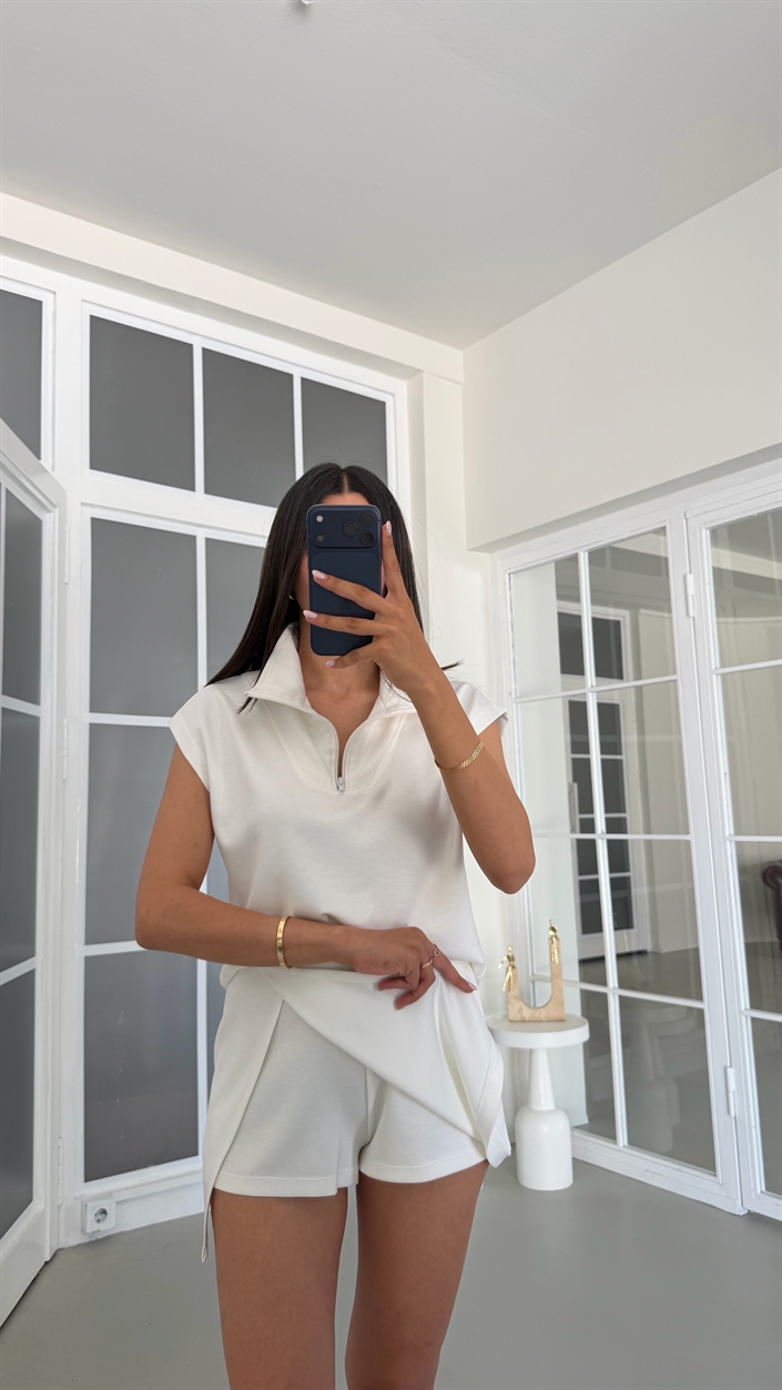 Beyaz Fermuarlı Bluz Şort Etek İkili Modal Kumaş Takım GAUS-01820