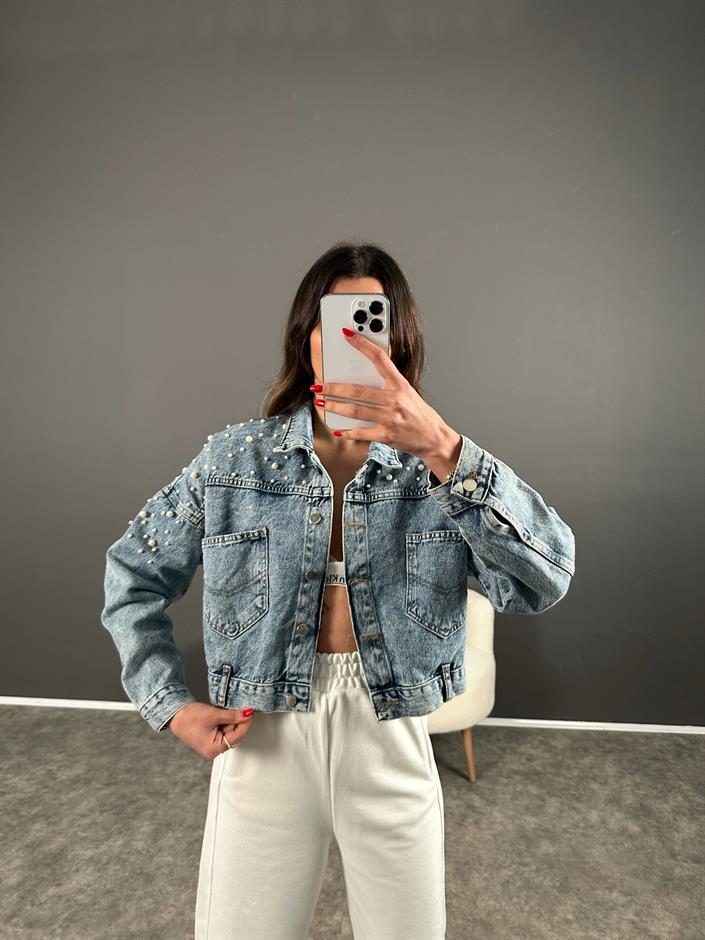 Tasarım İncili Denim Ceket 
