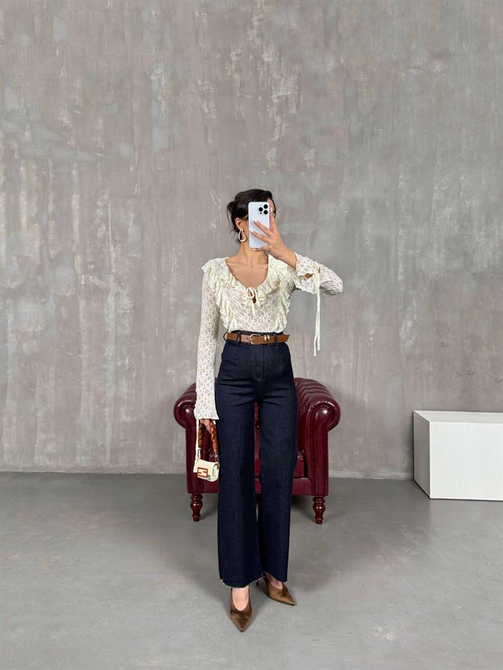 Lacivert Kesik Paça Kemerli Jean Gaus00049