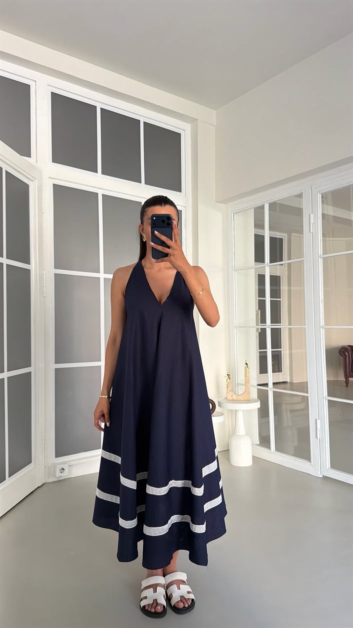Lacivert Şerit Detaylı Premium Keten Elbise GAUS-01766