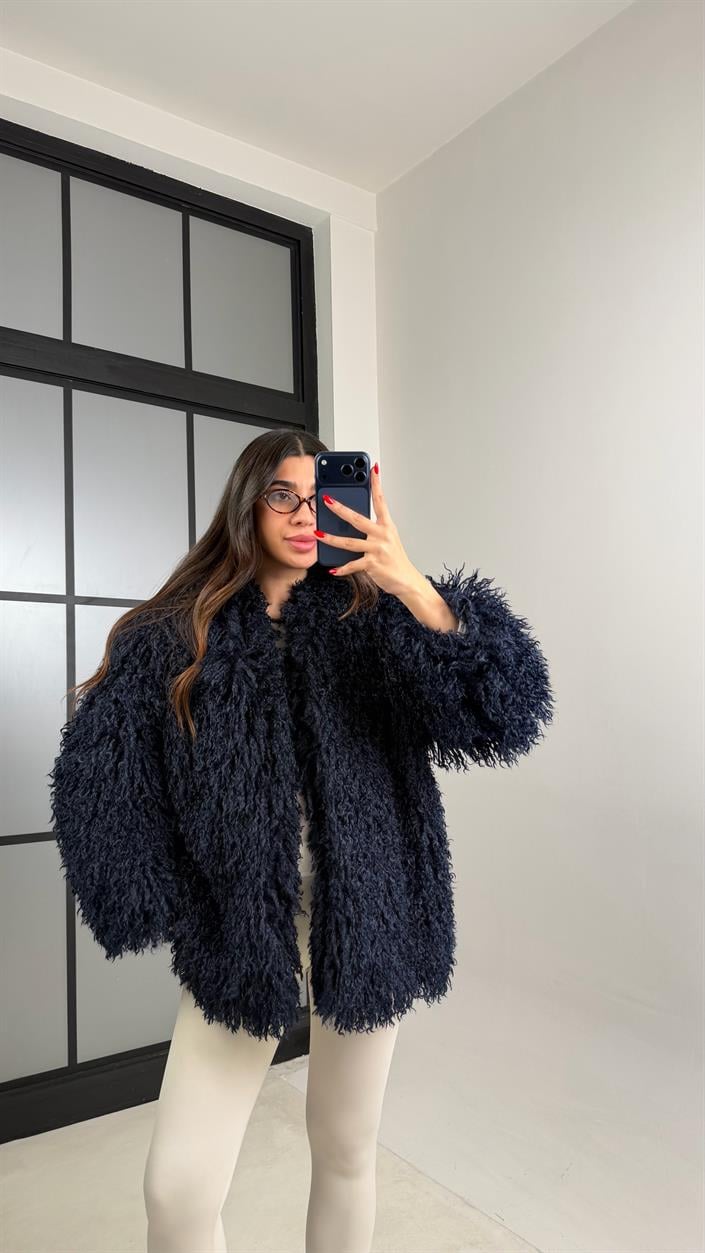 Lacivert Saçaklı Astarlı Premium Kürk GAUS-00931