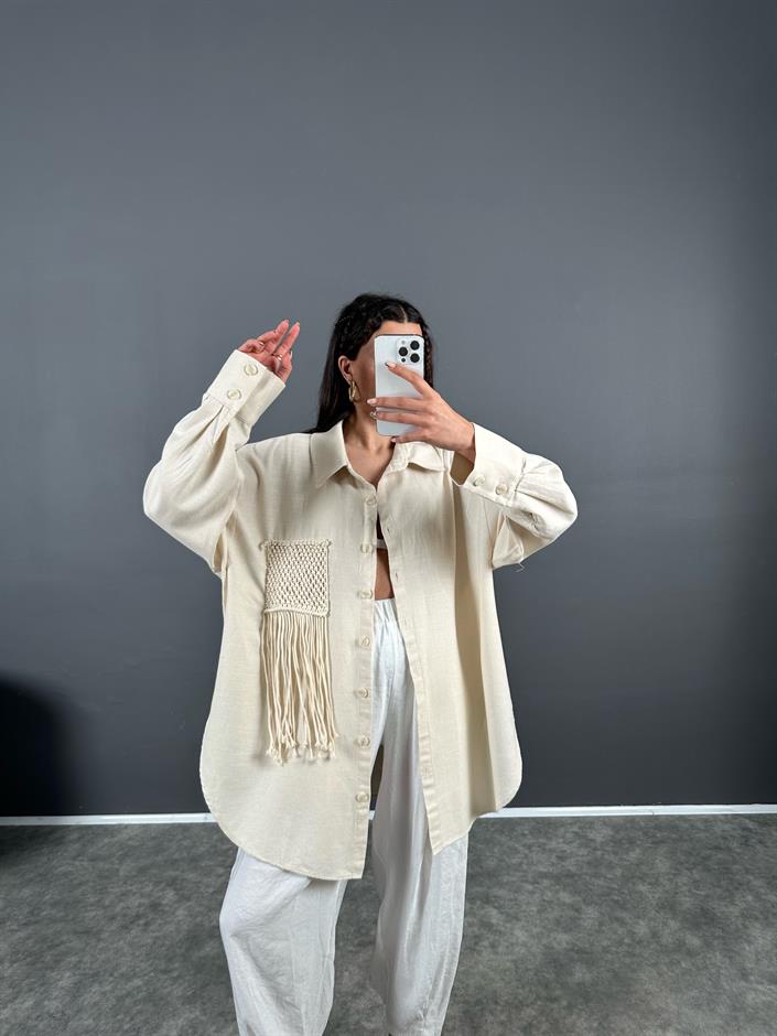 Taş Püsküllü Premium Oversize Keten Gömlek