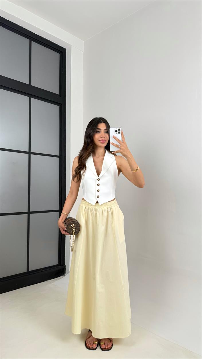 Sarı Beli Lastikli Cepli Poplin Etek Gaus00485