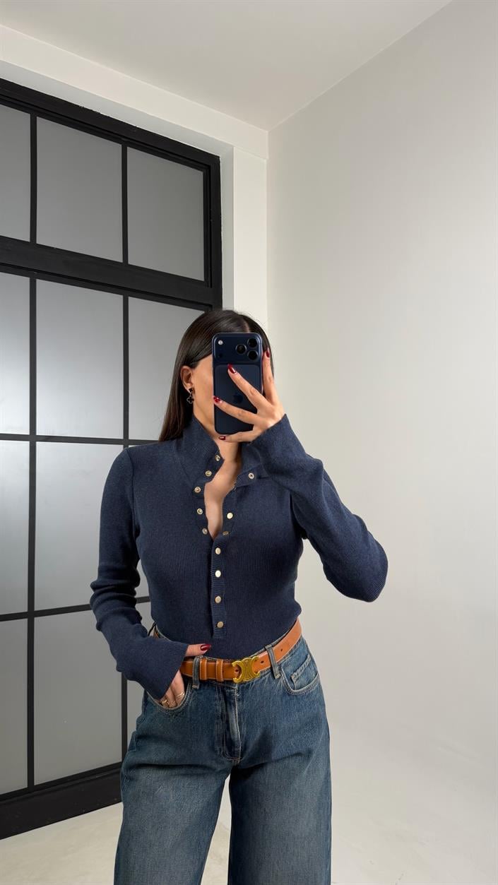 Lacivert Çıtçıt Düğmeli Triko Kazak GAUS-00780