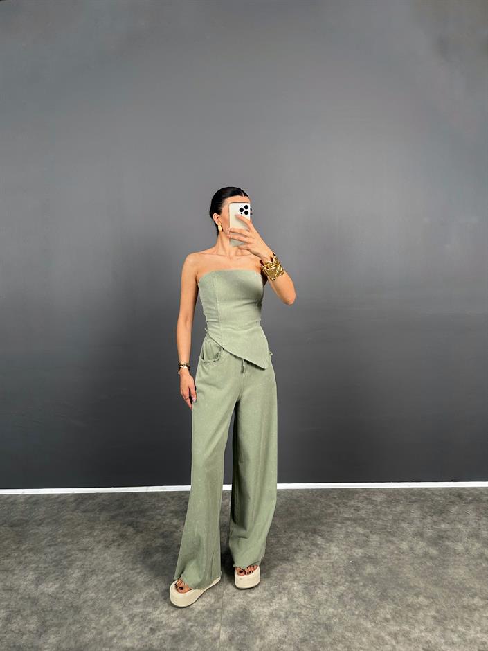 Spino Haki Yeşil Gabardin Crop Bol Paça Pantolon Takım