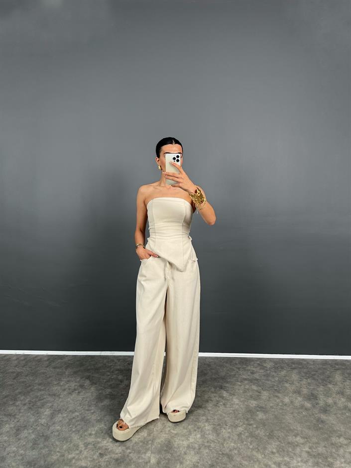 Spino Taş Gabardin Crop Bol Paça Pantolon Takım