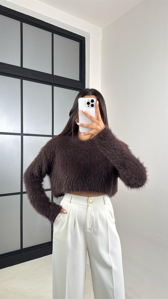 Acı Kahve Yumuşak Dokulu Crop Kazak GAUS-00490