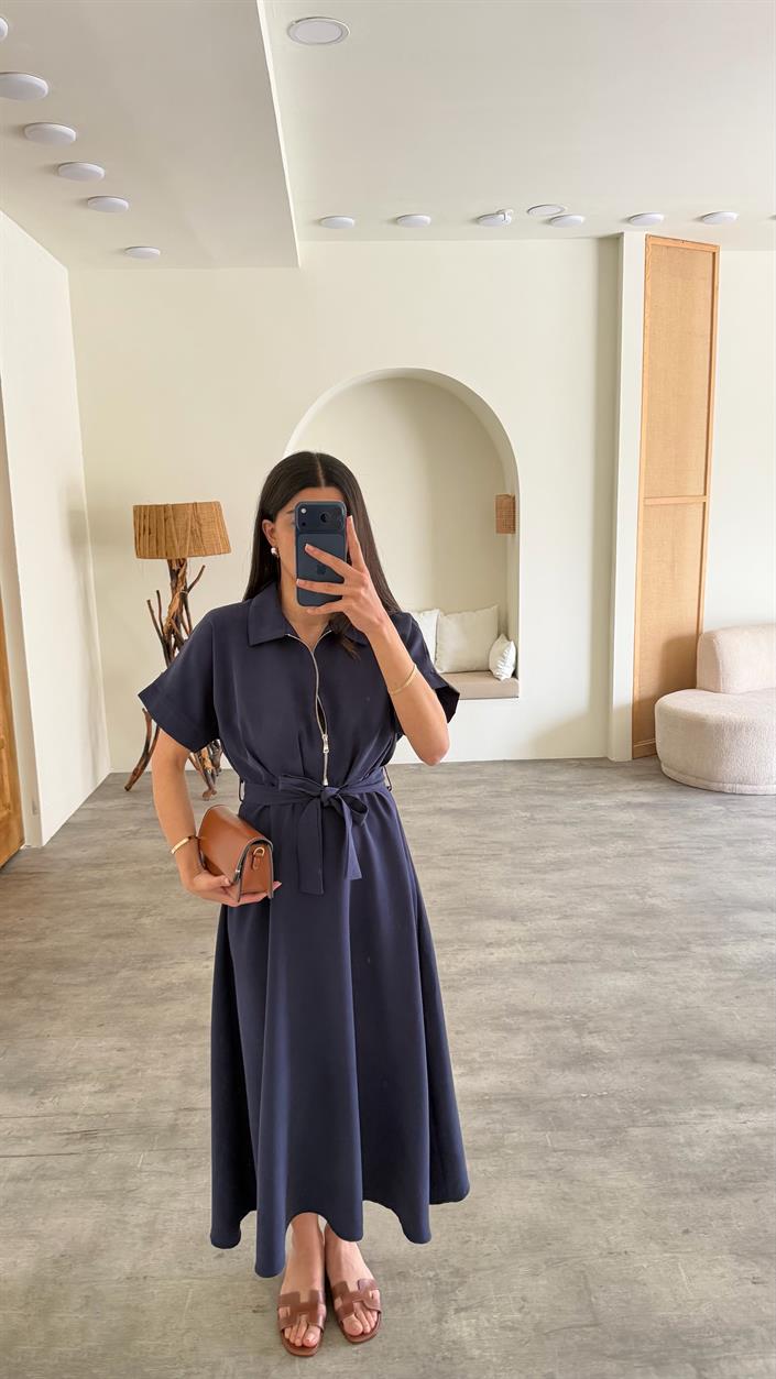 Lacivert Polo Yaka Kuşaklı Tencel Kumaş Elbise GAUS-01429