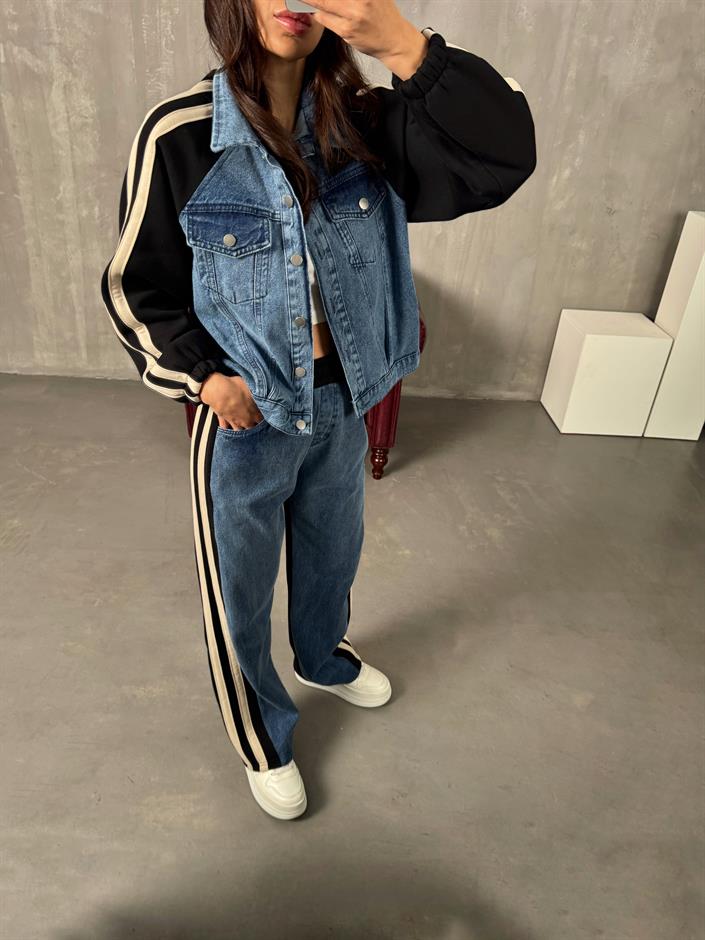 Gong Siyah Denim Karışımlı Şeritli Takım