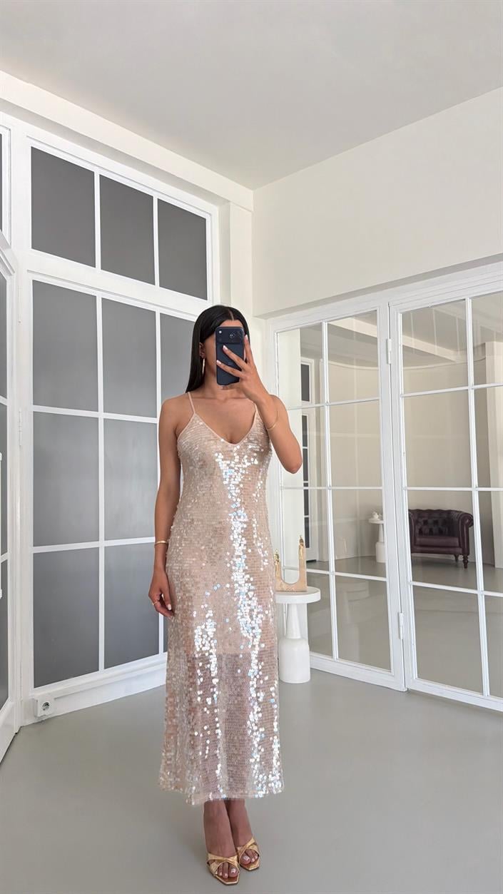 Bej Ayarlanabilir Askılı Astarlı Pullu Elbise GAUS-01684