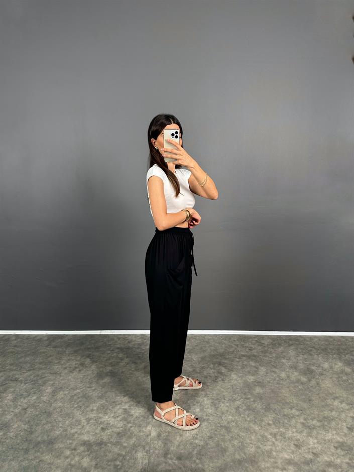 Pilea Beli Lastikli Önden Cepli Rahat Kumaş Siyah Şalvar Pantolon