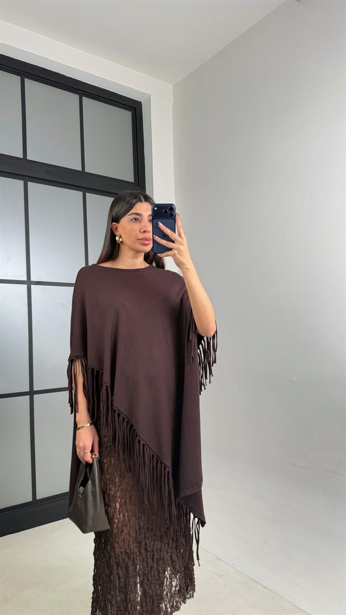 Kahve Püskül Detaylı Tasarım Panço GAUS-01093