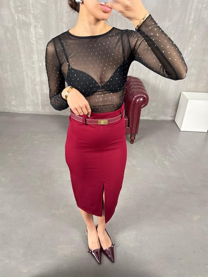 Bordo Yırtmaçlı Muadil Kalem Etek Gaus00047