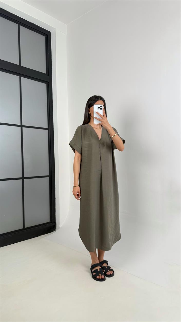 Haki V Yaka Tensel Kırışık Kumaş Basic Elbise Gaus00442