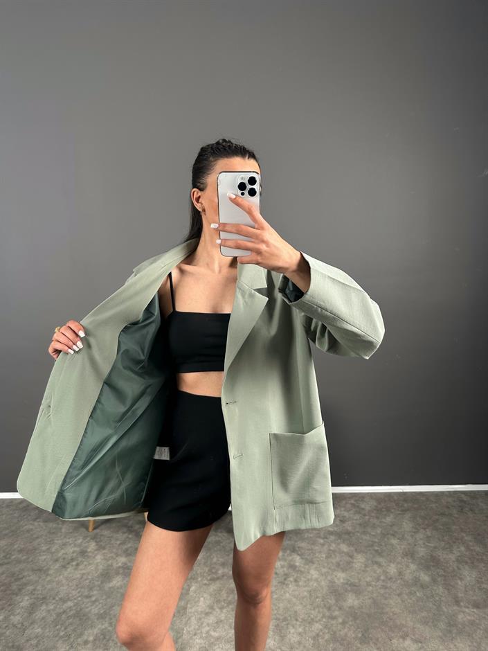 Muadil Yeşil Premium Keten Oversize Ceket 
