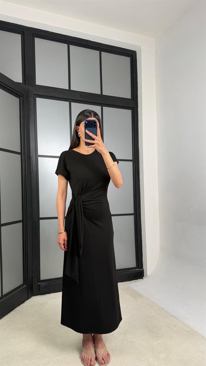 Siyah Bağlama Detaylı Modal Kumaş Elbise GAUS-01453