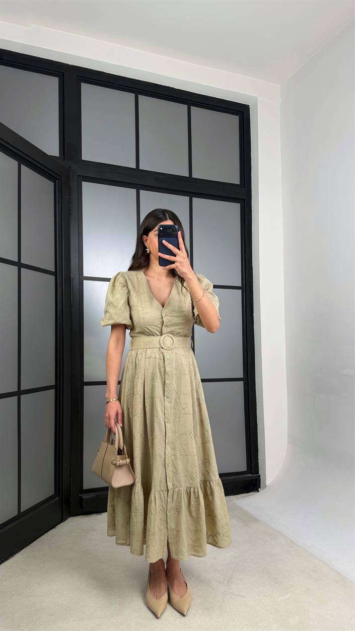 Yeşil Çiçek Nakışlı Kemerli Pinterest Elbise GAUS-01342
