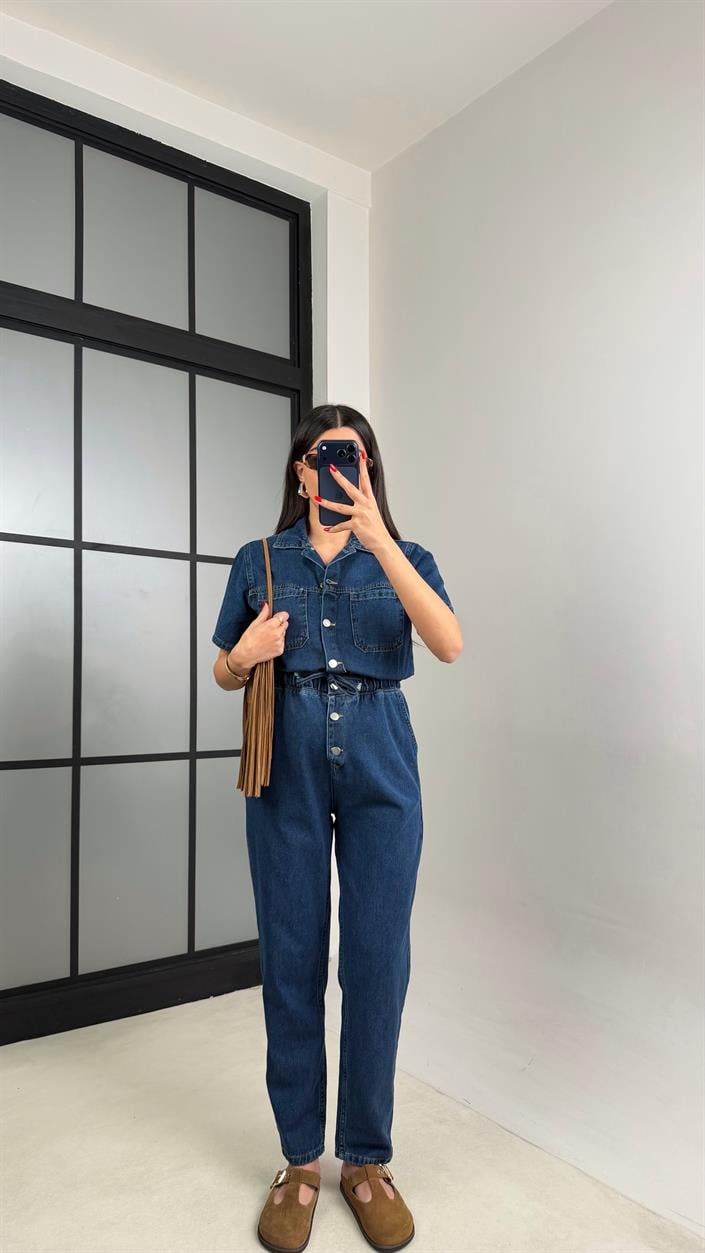 Mavi Beli Lastikli Düğme Detaylı Denim Tulum gaus-01208