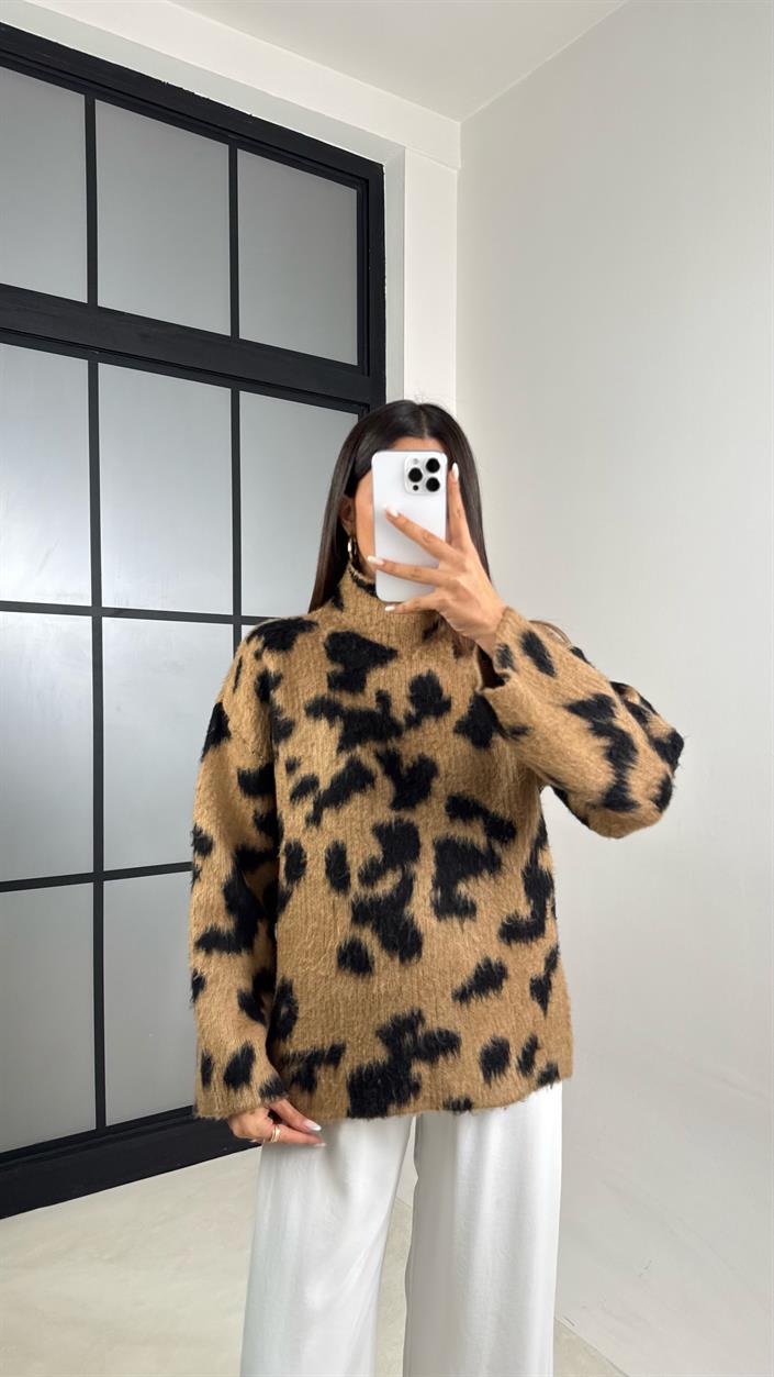 Camel Balıkçı Yaka Leopar Desenli Kazak GAUS-00532