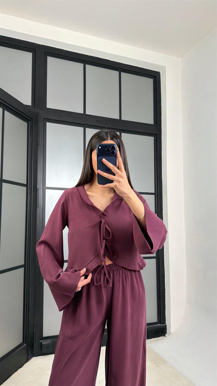 Mürdüm Önden Bağlamalı Gömlek Beli Lastikli Pantolon İkili Tencel Takım GAUS-01336