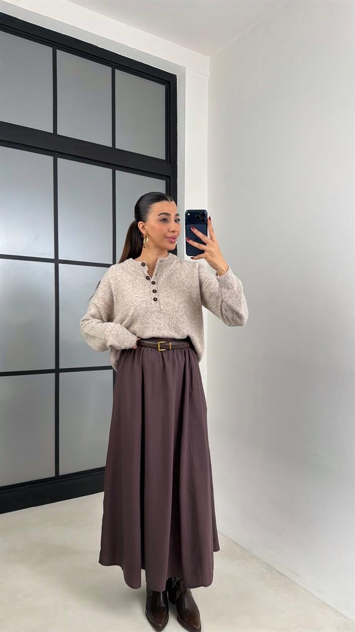 Acı Kahve Beli Lastikli Cepli Tencel Etek GAUS-00670