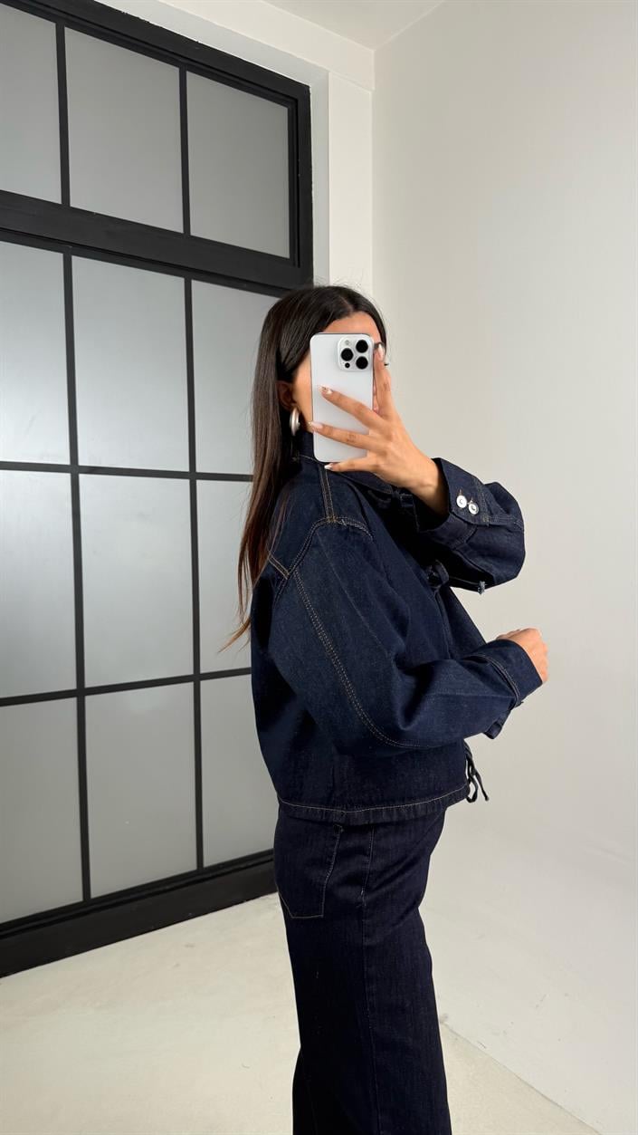 Lacivert Önü Bağlama Detaylı Tasarım Denim Ceket GAUS-00133