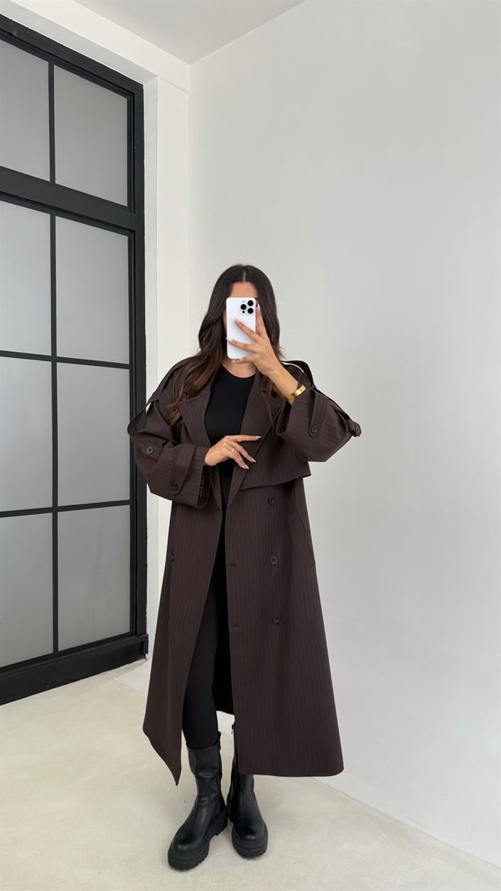 Kahve Mavi Çizgi Detaylı Kuşaklı Astarlı Premium Uzun Trençkot GAUS-00120