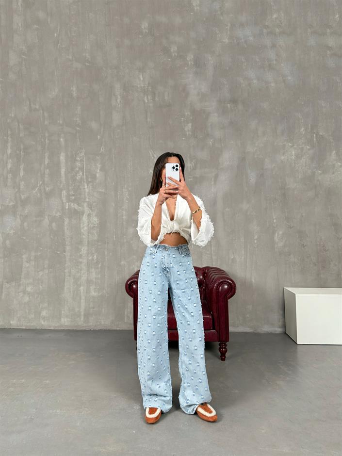 Tonsi Buz Mavi Yırtık Detaylı Tasarım Wide Leg Jean