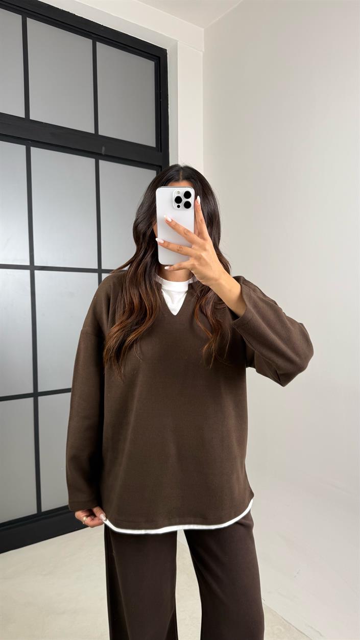 Kahve Tshirt Detaylı Kazak Beli Lastikli Pantolon İkili Triko Takım GAUS-00485