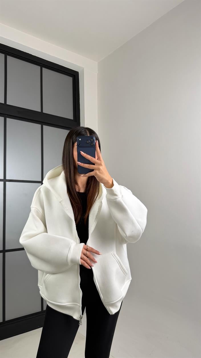 Beyaz Kapüşonlu Şardonlu Hırka GAUS-00828