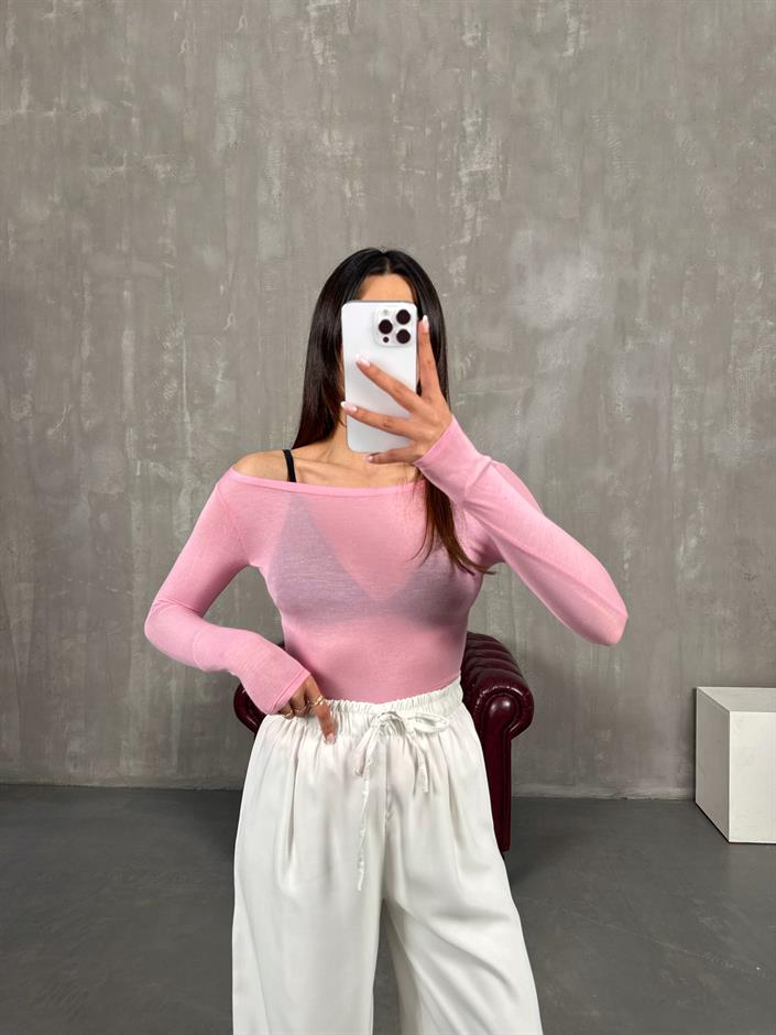 Pembe Transparan Kaşmir Dokulu Bluz Gaus00272