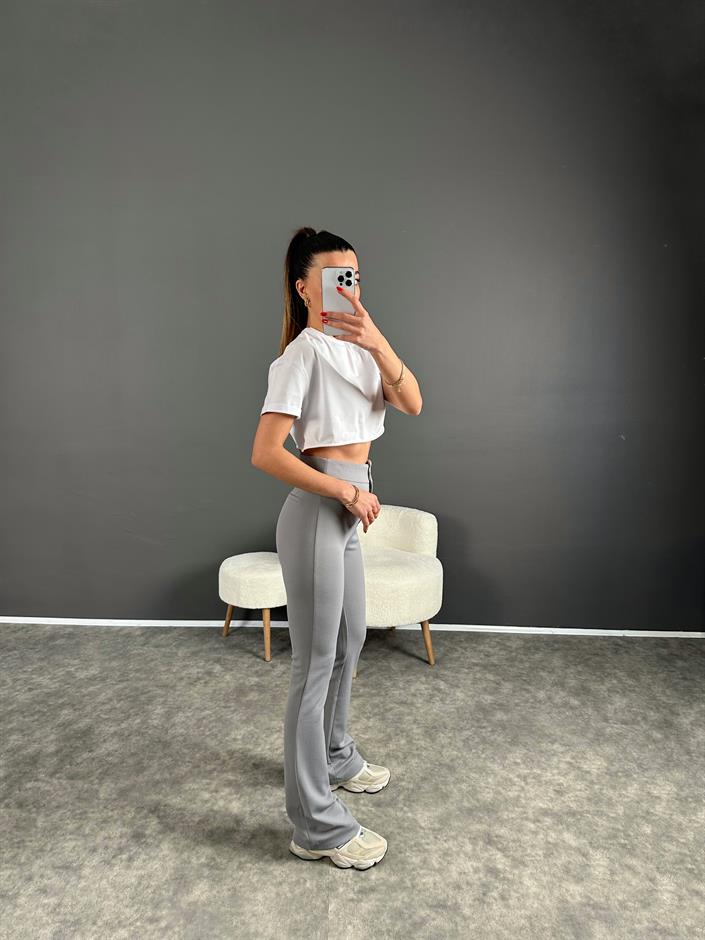 Penny Gri Yüksek Bel Kanca Düğmeli İspanyol Pantolon