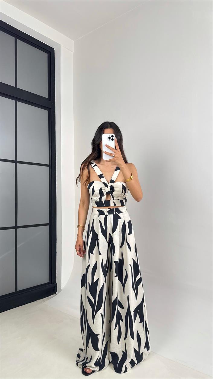 Ekru Desenli Beli Lastikli Crop Cepli Pantolon İkili Premium Takım Gaus00676