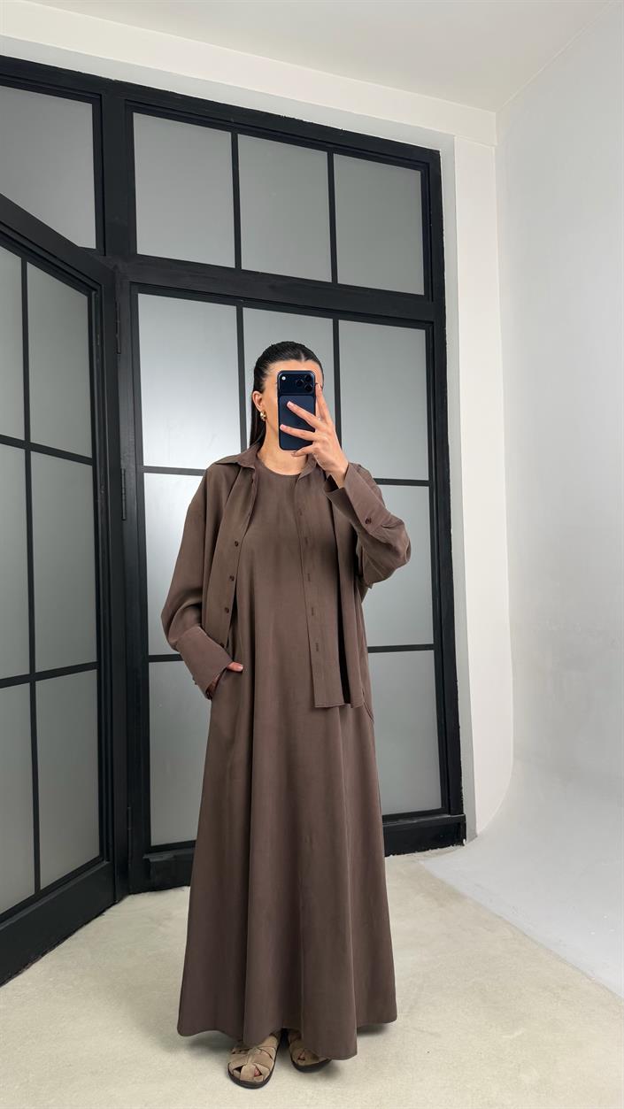 Kahve Gömlek Elbise Oversize İkili Tencel Takım GAUS-01423