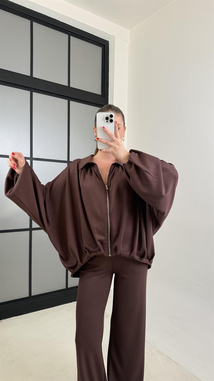 Kahve Bomber Hırka Beli Lastikli Pantolon İkili Takım GAUS-00556