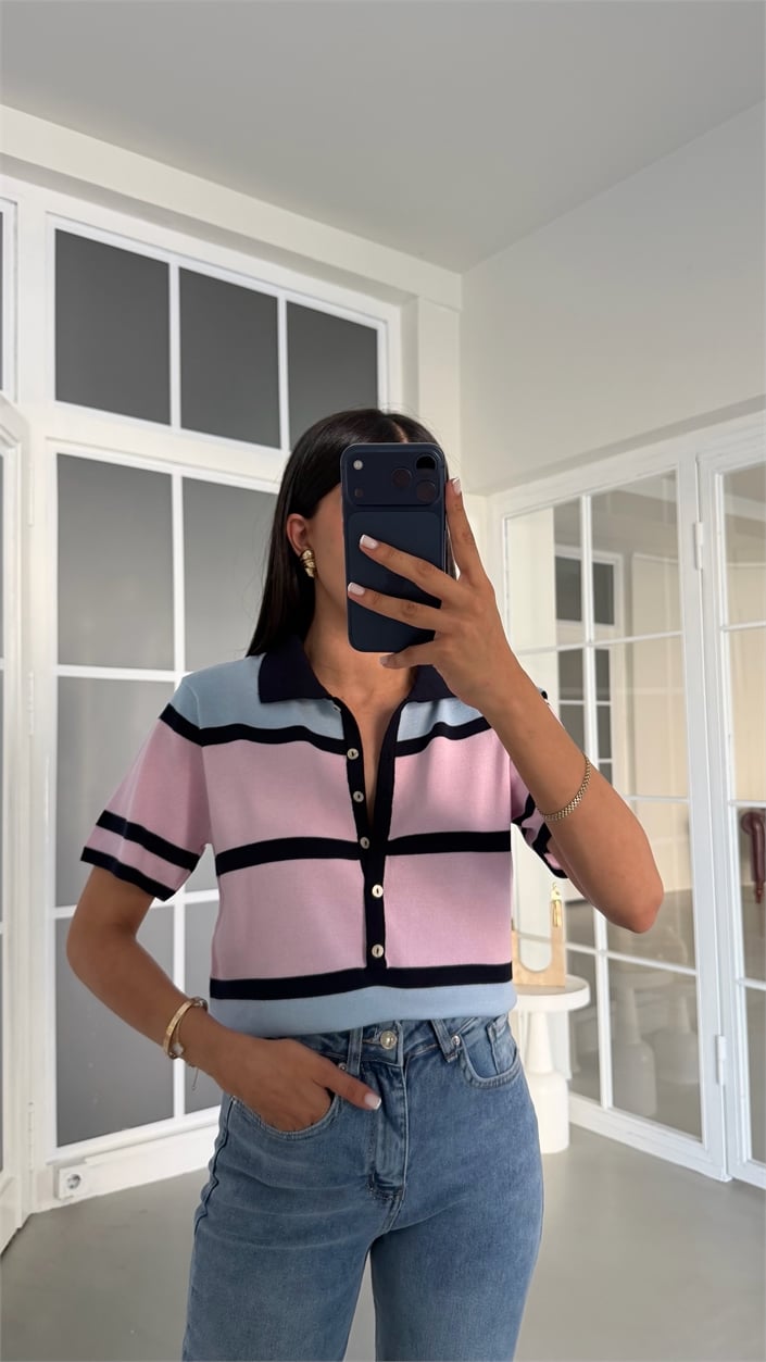 Pembe Polo Yaka Bloklu Triko Kazak GAUS-02025