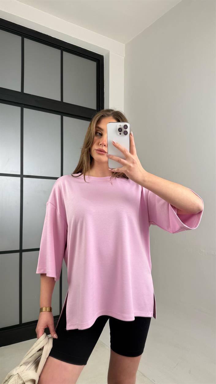Pembe Basic Yırtmaç Detaylı Modal Tshirt GAUS-01060