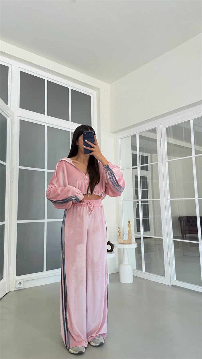 Pembe Şerit Detaylı Hırka Beli Lastikli Pantolon İkili Kadife Takım GAUS-02197