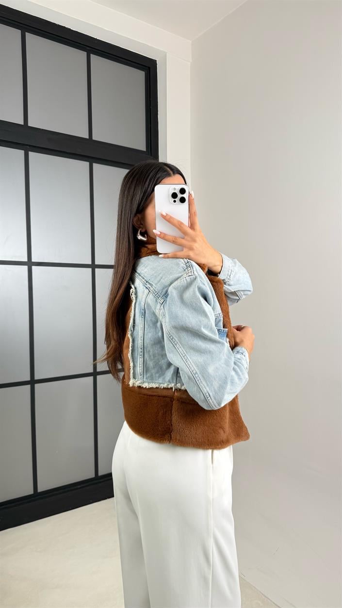 Kahve Denim Detaylı Peluş Ceket GAUS-00583
