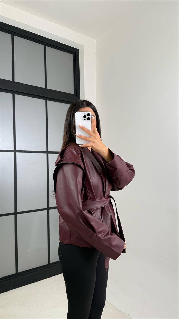 Bordo Fermuar Detaylı Astarlı Kuşaklı Tasarım Deri Ceket GAUS-00599