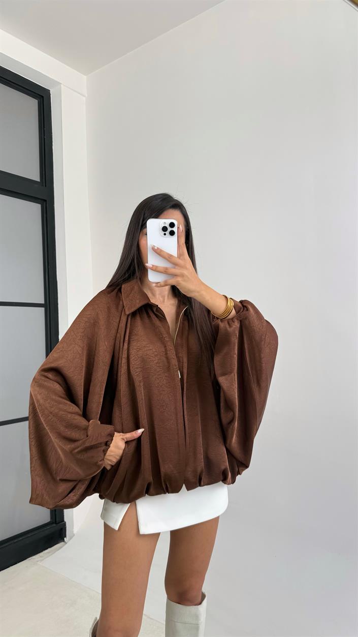 Kahve Saten Bomber Ceket GAUS-00118