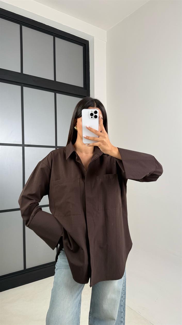 Acı Kahve Gizli Düğmeli Kol Katlamalı Poplin Gömlek GAUS-00449