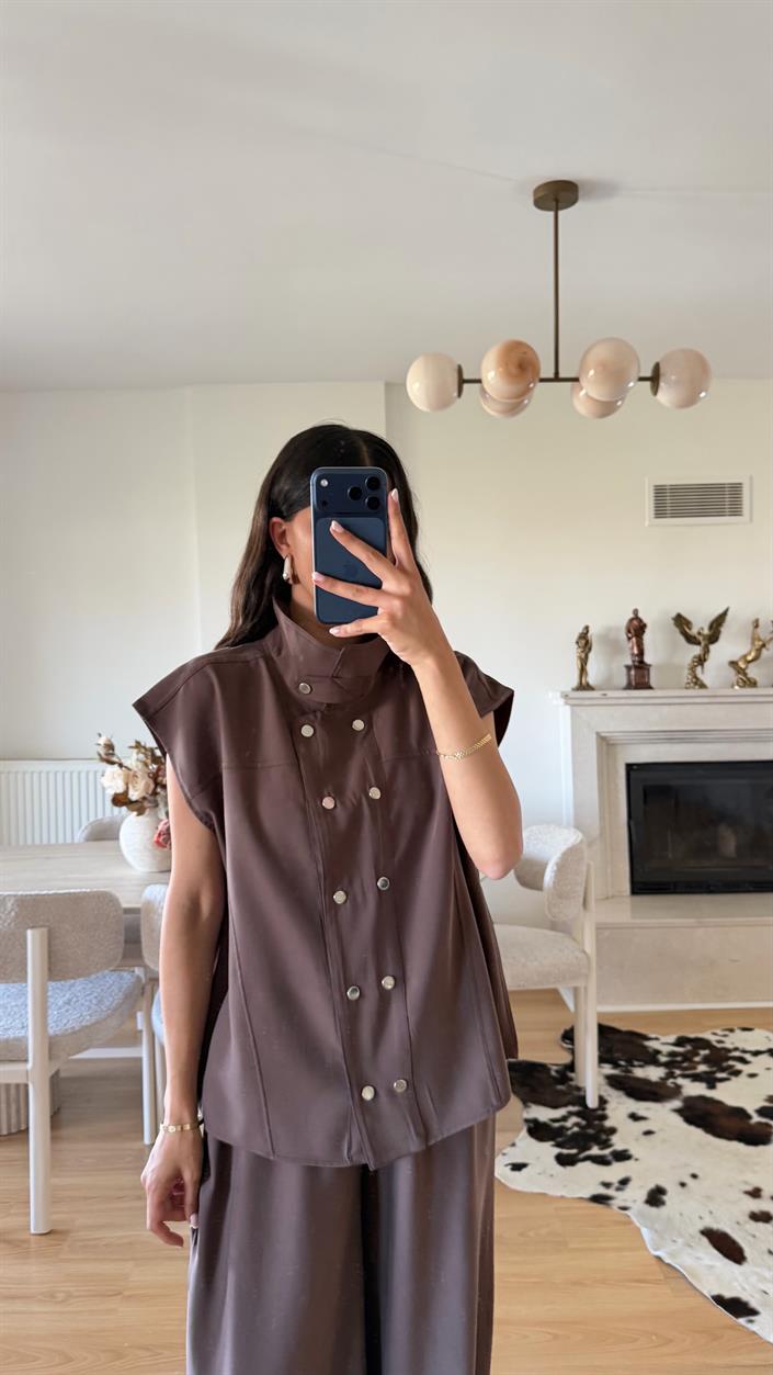 Kahve Yelek Beli Lastikli Şalvar Pantolon İkili Modal Takım GAUS-01652
